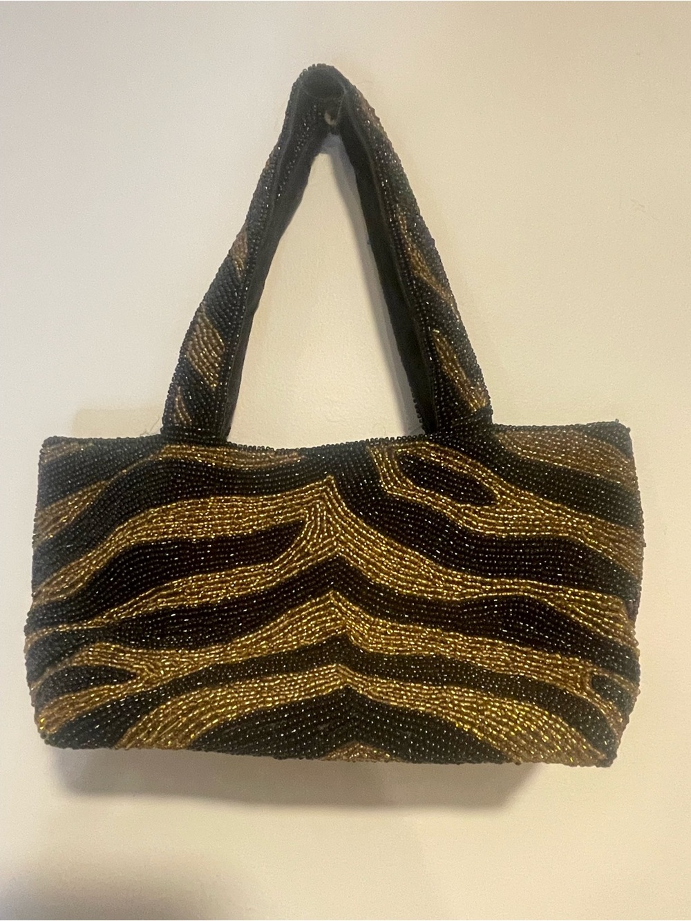 Y2K Black & Gold Beaded Zebra-Pattern Tote Bag